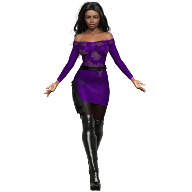 Üç boyutlu, mor elbiseli, şeffaf arka planda siyah deri çizmeli kadın şehir fantezi karakteri
