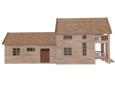 3 boyutlu ahşap ahşap çiftlik evi, ahır tarzı genişletme ve üst veranda, şeffaf arka planda izole edilmiş.