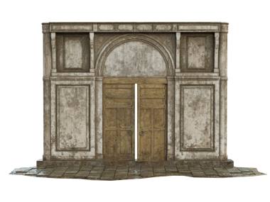 3 boyutlu klasik taş kemer, kapalı ahşap çift kapılı, şeffaf arka planda izole edilmiş.
