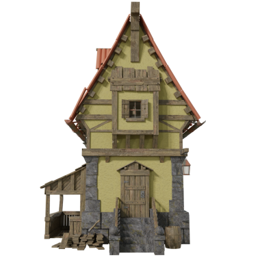 3D biçimlendirilmiş, ahşap çerçeveli ve market tezgahlı ortaçağ evi, şeffaf arka planda izole edilmiş.