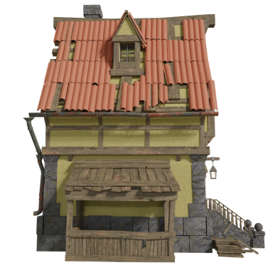 3D biçimlendirilmiş, ahşap çerçeveli ve market tezgahlı ortaçağ evi, şeffaf arka planda izole edilmiş.