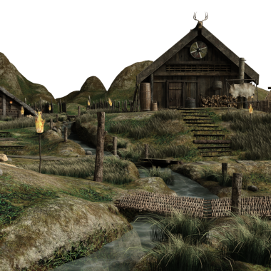 Üç boyutlu fantezi Viking köyü şeffaf arka planda izole edilmiş.