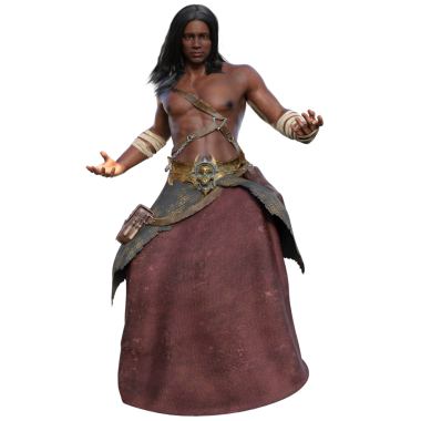 3 boyutlu, şeffaf arka planda izole edilmiş kabile aksesuarları ve dalgalı siyah saçlarıyla mistik bir savaşçı.