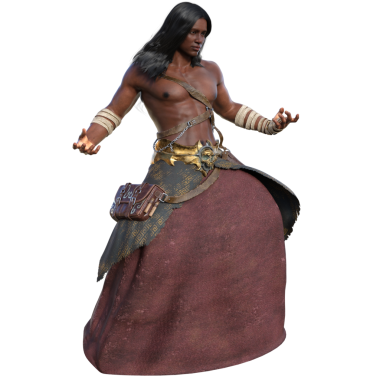 3 boyutlu, şeffaf arka planda izole edilmiş kabile aksesuarları ve dalgalı siyah saçlarıyla mistik bir savaşçı.