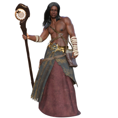 3 boyutlu, şeffaf arka planda izole edilmiş kabile aksesuarları ve dalgalı siyah saçlarıyla mistik bir savaşçı.
