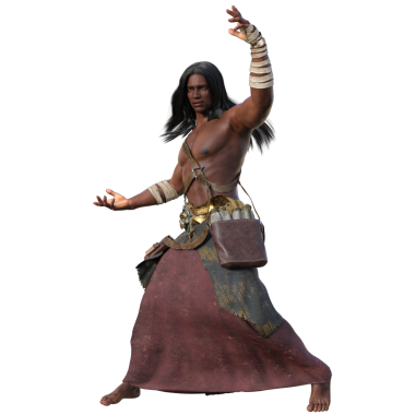 3 boyutlu, şeffaf arka planda izole edilmiş kabile aksesuarları ve dalgalı siyah saçlarıyla mistik bir savaşçı.