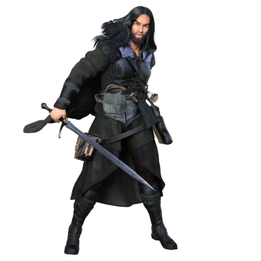 3D, siyah deri zırhlı koyu saçlı fantezi erkek karakter, şeffaf arka planda izole edilmiş.