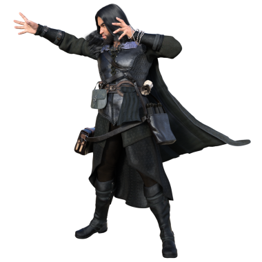 3D, siyah deri zırhlı koyu saçlı fantezi erkek karakter, şeffaf arka planda izole edilmiş.