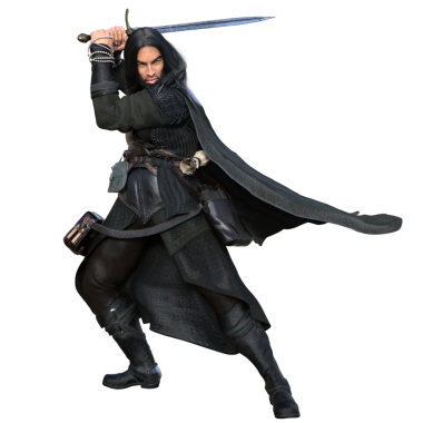 3D, siyah deri zırhlı koyu saçlı fantezi erkek karakter, şeffaf arka planda izole edilmiş.