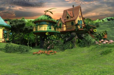 Yeşil yemyeşil bir çevrede rahat evleri olan 3 boyutlu bir fantezi peri köyü. 