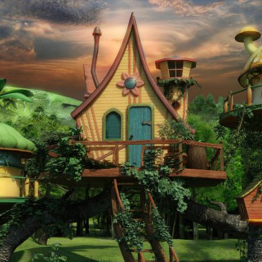 Yeşil yemyeşil bir çevrede rahat evleri olan 3 boyutlu bir fantezi peri köyü. 