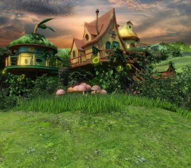 Yeşil yemyeşil bir çevrede rahat evleri olan 3 boyutlu bir fantezi peri köyü. 