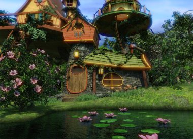 Yeşil yemyeşil bir çevrede rahat evleri olan 3 boyutlu bir fantezi peri köyü. 
