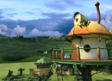 Yeşil yemyeşil bir çevrede rahat evleri olan 3 boyutlu bir fantezi peri köyü. 