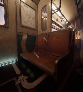 Gündüz vakti arka plan görüntüsü olarak bir siber punk treninin içinde 3D oluşturuldu.