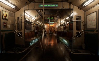 Gece bir siber trenin içinde arkaplan görüntüsü olarak 3D oluşturuldu