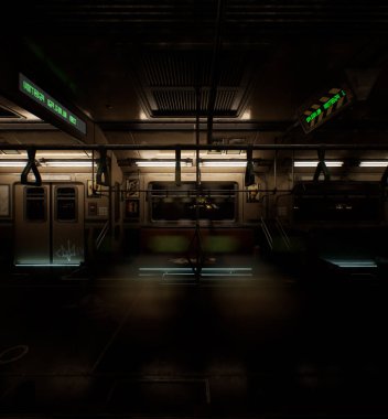 Gece bir siber trenin içinde arkaplan görüntüsü olarak 3D oluşturuldu