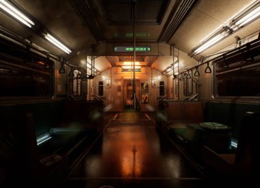 Gece bir siber trenin içinde arkaplan görüntüsü olarak 3D oluşturuldu