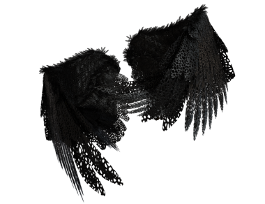 Şeffaf arka planda izole siyah dantel tüyleri içeren 3 boyutlu melek kanadı