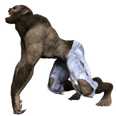 Saydam arka planda izole edilmiş yırtık elbiseli bir kurtadamın 3 boyutlu resmi.