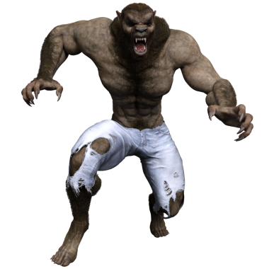 Saydam arka planda izole edilmiş yırtık elbiseli bir kurtadamın 3 boyutlu resmi.