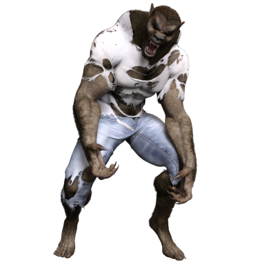 Saydam arka planda izole edilmiş yırtık elbiseli bir kurtadamın 3 boyutlu resmi.