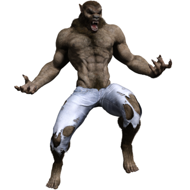 Saydam arka planda izole edilmiş yırtık elbiseli bir kurtadamın 3 boyutlu resmi.