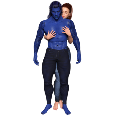 3D, kaslı, mavi tenli, fantezi bir çift ve şeffaf arka planda izole, gündelik modern giysiler içinde bir kadın.