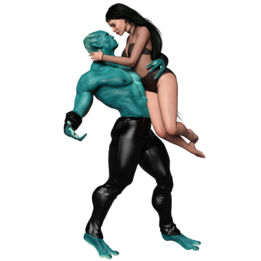 Üç boyutlu bir fantezi çifti. Uzun boylu, mavi uzaylı bir yaratık. Yanında bir kadın var..