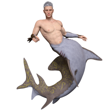 Köpekbalığı kuyruğu ve okyanussal özellikleri olan 3 boyutlu fantezi erkek karakter, melez insan-hayvan tasarımı, şeffaf arka planda izole edilmiş.