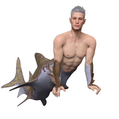 Köpekbalığı kuyruğu ve okyanussal özellikleri olan 3 boyutlu fantezi erkek karakter, melez insan-hayvan tasarımı, şeffaf arka planda izole edilmiş.