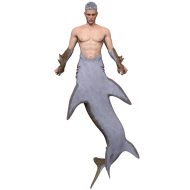 Köpekbalığı kuyruğu ve okyanussal özellikleri olan 3 boyutlu fantezi erkek karakter, melez insan-hayvan tasarımı, şeffaf arka planda izole edilmiş.