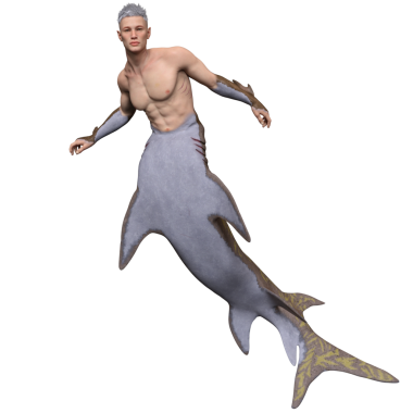 Köpekbalığı kuyruğu ve okyanussal özellikleri olan 3 boyutlu fantezi erkek karakter, melez insan-hayvan tasarımı, şeffaf arka planda izole edilmiş.