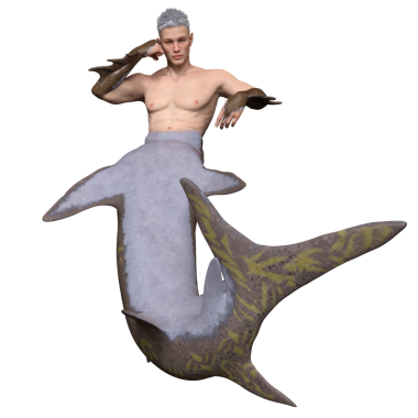 Köpekbalığı kuyruğu ve okyanussal özellikleri olan 3 boyutlu fantezi erkek karakter, melez insan-hayvan tasarımı, şeffaf arka planda izole edilmiş.