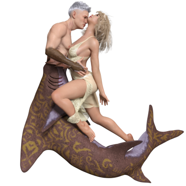 3 boyutlu hayali bir çift, köpekbalığı-adam ve şeffaf arka planda izole edilmiş havalı elbisesi olan güzel bir kadın.