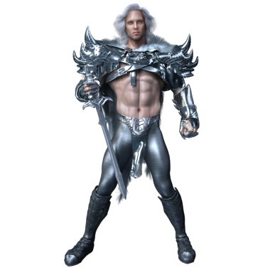 Üç boyutlu, gümüş zırhlı, uzun beyaz saçlı, şeffaf arkaplanda izole edilmiş fantezi erkek savaşçı.