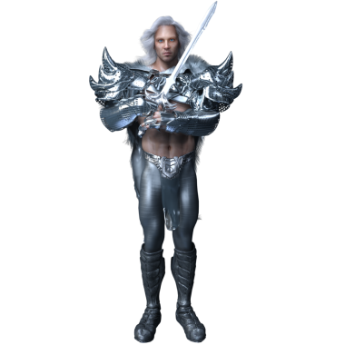 Üç boyutlu, gümüş zırhlı, uzun beyaz saçlı, şeffaf arkaplanda izole edilmiş fantezi erkek savaşçı.