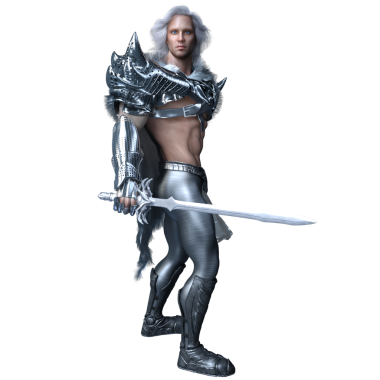 Üç boyutlu, gümüş zırhlı, uzun beyaz saçlı, şeffaf arkaplanda izole edilmiş fantezi erkek savaşçı.