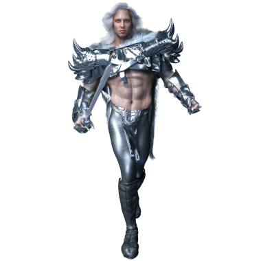 Üç boyutlu, gümüş zırhlı, uzun beyaz saçlı, şeffaf arkaplanda izole edilmiş fantezi erkek savaşçı.