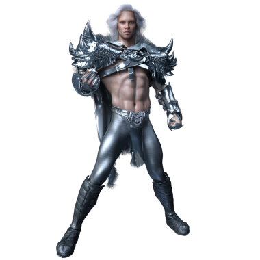 Üç boyutlu, gümüş zırhlı, uzun beyaz saçlı, şeffaf arkaplanda izole edilmiş fantezi erkek savaşçı.