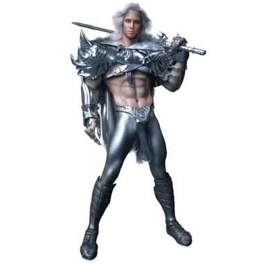 Üç boyutlu, gümüş zırhlı, uzun beyaz saçlı, şeffaf arkaplanda izole edilmiş fantezi erkek savaşçı.