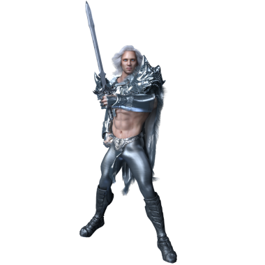 Üç boyutlu, gümüş zırhlı, uzun beyaz saçlı, şeffaf arkaplanda izole edilmiş fantezi erkek savaşçı.