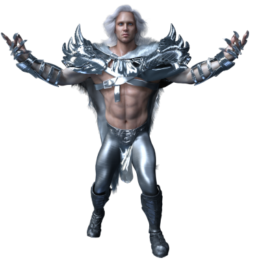 Üç boyutlu, gümüş zırhlı, uzun beyaz saçlı, şeffaf arkaplanda izole edilmiş fantezi erkek savaşçı.