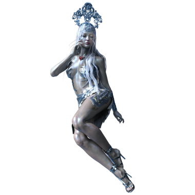 Üç boyutlu fantezi kadın karakter gümüş zırh giyiyor süslü bir başlık takıyor, şeffaf arka planda izole edilmiş.