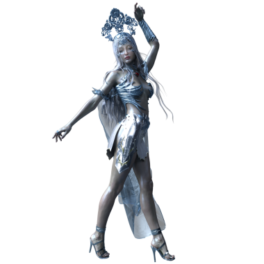 Üç boyutlu fantezi kadın karakter gümüş zırh giyiyor süslü bir başlık takıyor, şeffaf arka planda izole edilmiş.