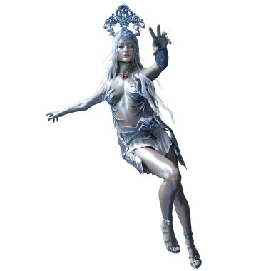 Üç boyutlu fantezi kadın karakter gümüş zırh giyiyor süslü bir başlık takıyor, şeffaf arka planda izole edilmiş.