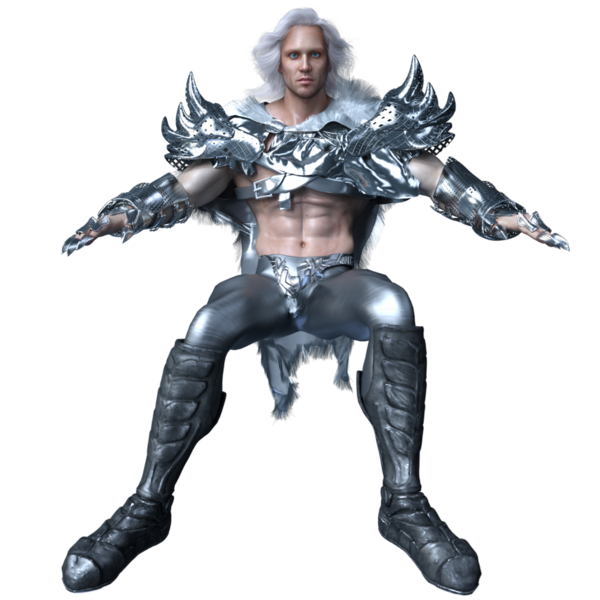 Üç boyutlu, gümüş zırhlı, uzun beyaz saçlı, şeffaf arkaplanda izole edilmiş fantezi erkek savaşçı.