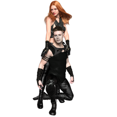 3D, şeffaf arka planda izole edilmiş deri elbiseli bir kadın ve bir adamla hayali şehir fantazisi bir çift oluşturdu.