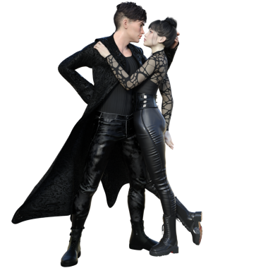 Üç boyutlu, siyah deri elbiseli fantezi bir çift, uzun montlu bir adam ve şeffaf bir arka planda izole edilmiş, desenli bir kadın..