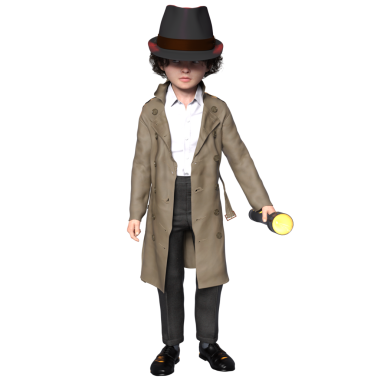 Şeffaf bir arkaplanda izole edilmiş 3 boyutlu bir çocuk dedektif karakteri çizimi